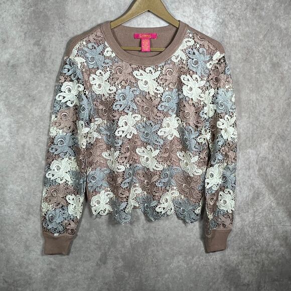Catherine Malandrino Sweater Womens Small Brown Floral Lace Knit Crew Neck - Picture 1 of 8